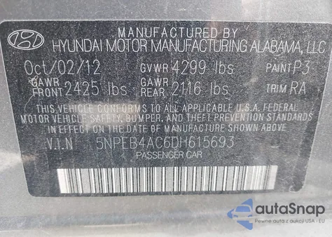 2013 Hyundai Sonata Gls z USA, uszkodzony, nr VIN 5NPEB4AC6DH615693
